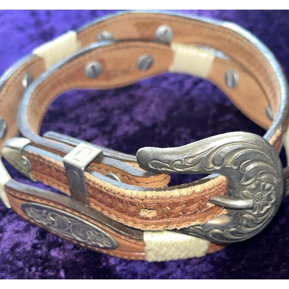 Vtg Southwestern Tooled Leather Belt Brown Mexico Alpaca Ornate Conchos 29-3'